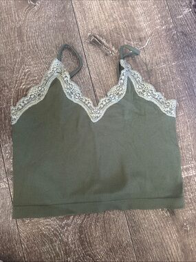 wild fable Olive Green Ribbed Lace-Trim Crop Cami